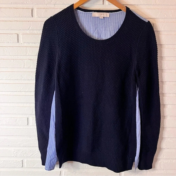 Loft Navy Blue And Striped Mixed Media Cotton Sweater, Women’s Size Extra Small - Picture 2 of 10